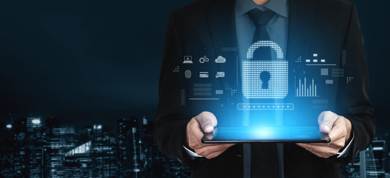 Cybersecurity protection system showing password encryption, fingerprint ID, cloud security, email, credit card, and database lock for secure data access Vouch