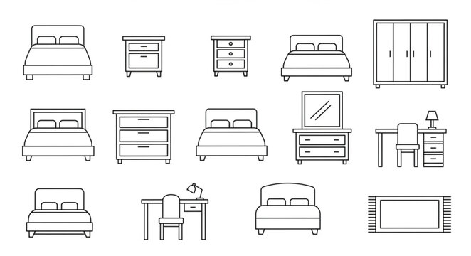 Bedroom Furniture Line Art Collection - Beds, Nightstands, Dressers, Wardrobe, Desk, and Rug.