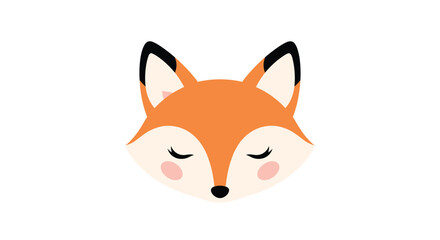Fototapeta premium Simple and adorable fox face with closed eyes and pink cheeks is illustrated in a minimalist style on a clean and solid white background.