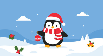 Fototapeta premium Adorable penguin wearing a red Santa hat and striped scarf holds a festive ornament while standing in a peaceful snowy landscape.