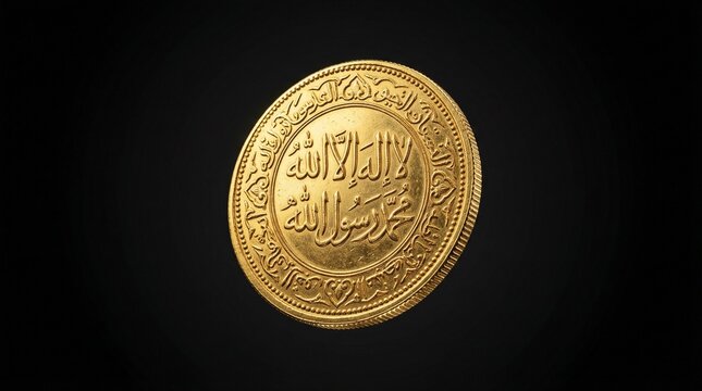 An ancient golden coin with intricate designs and Arabic script on a black background.
