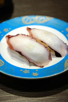 Close-up of delicious cooked octopus nigiri sushi, Japanese seafood cuisine