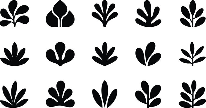 Clean vector botanical pattern of sixteen stylized leaf icons with varied shapes in structured monochrome grid layout