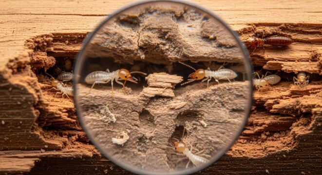 Magnifying glass focused on cluster of white worker termites with orange heads inside wooden tunnel and mud tubes amid damaged timber closeup