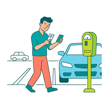 Man checks phone near parking meter and blue car on street