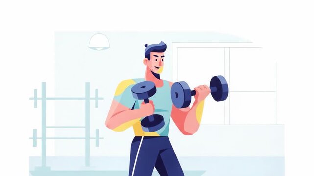 Animated Muscular Man Lifting Dumbbells in a Modern Gym.