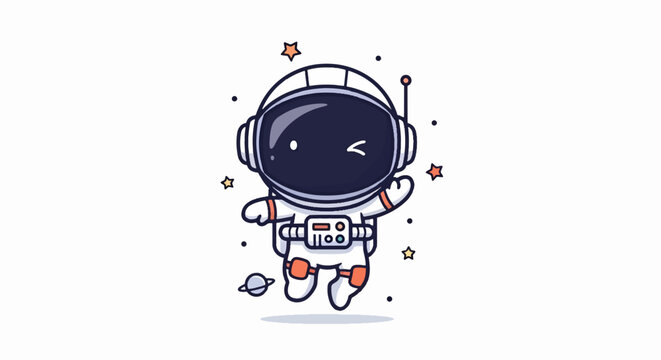 Cute Cartoon Astronaut Waving Hello in Outer Space.
