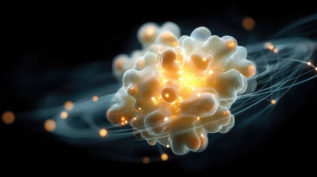 Abstract representation of molecular structure with glowing elements and dynamic lines against a dark background, showcasing the essence of scientific exploration
