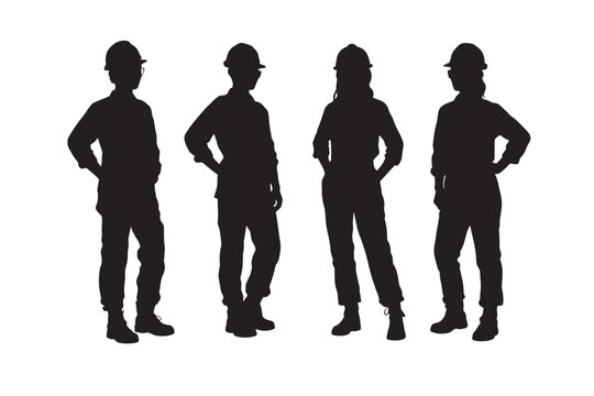 Industrial construction worker silhouettes, group of four professional engineers in hard hats, black vector figures of female and male builders