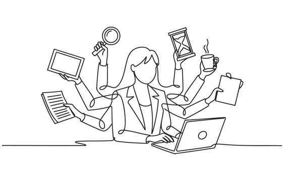 Multitasking woman with many arms holding office supplies and devices magnifying glass line art multitasking juggling illustration business management efficiency productivity computer
