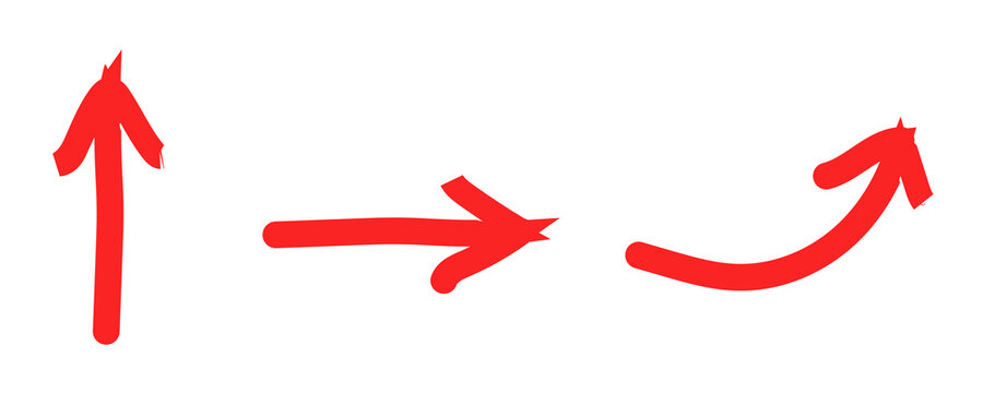 Set of three hand drawn red arrows on transparent background pointing in various directions.