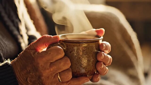 Close-up of an elderly person's hands holding a steaming hot mug of coffee or tea in warm light.