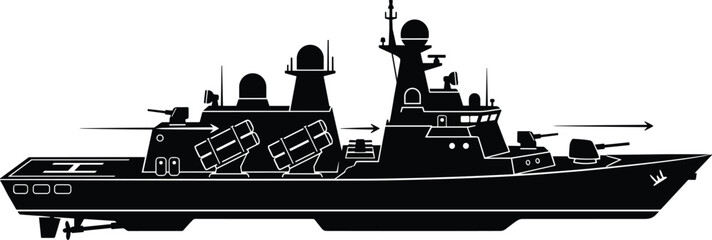 Black silhouette of a military warship with missiles and guns military ship white background © MD FARID