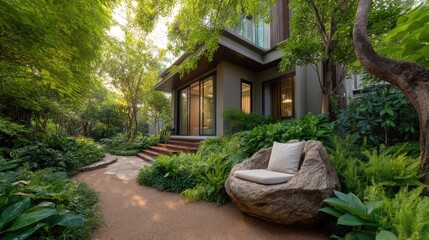 Fototapeta premium Serene Outdoor Pathway Through Lush Greenery Leading to Modern House with Cozy Stone Chair Surrounded by Vibrant Plants and Trees