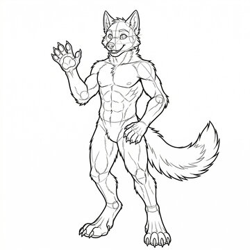 Hand drawn sketch of playful male furry character base in three quarter view digitigrade stance waving isolated on white.