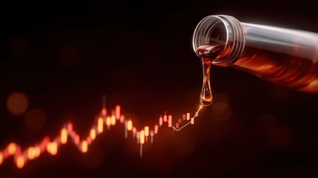 Oil drop forming on bottle spout while financial candlestick chart rises, concept of energy market value and scarce resource tension