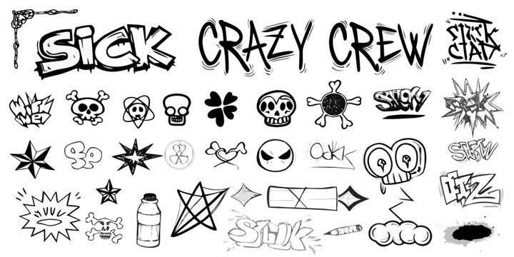 Black and white graffiti art with skulls stars and a bold silhouette