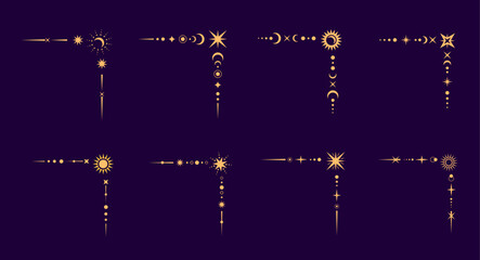 Esoteric mystic celestial border corners or dividers with magic vector symbols of sun, moon and stars. Border corners or dividers with mystic celestial frames of astrology and esoteric sacred geometry © Vector Tradition