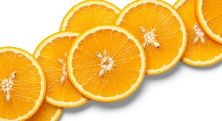 Fototapeta premium Multiple vibrant orange slices arranged diagonally on clean white background, top view.