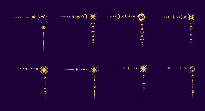 Esoteric mystic celestial border corners or dividers with magic vector symbols of sun, moon and stars. Border corners or dividers with mystic celestial frames of astrology and esoteric sacred geometry