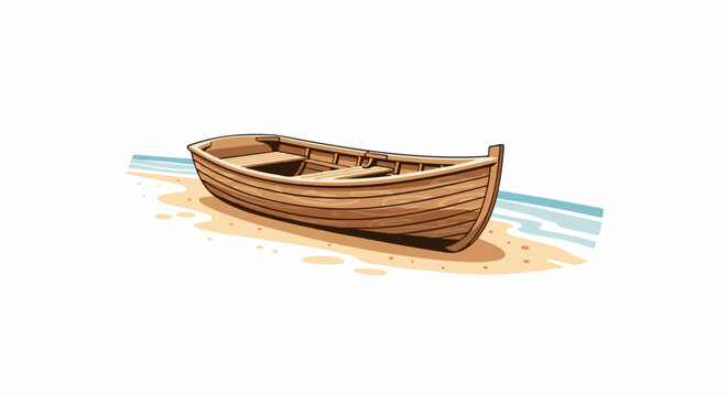 Wooden rowboat resting on a sandy beach with gentle waves