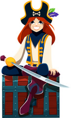 Cartoon young pirate woman sailor sitting on the treasure chest. Fierce corsair or filibuster queen girl character with saber sits atop a treasure loot trunk, her eyes gleaming with adventure and fun