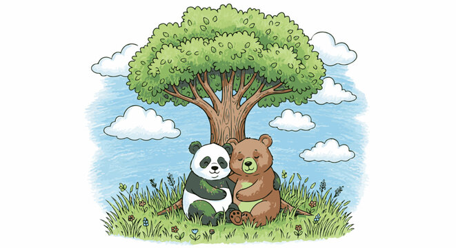 Two cartoon bears, a panda and a brown bear, hug under a leafy tree on a grassy hill