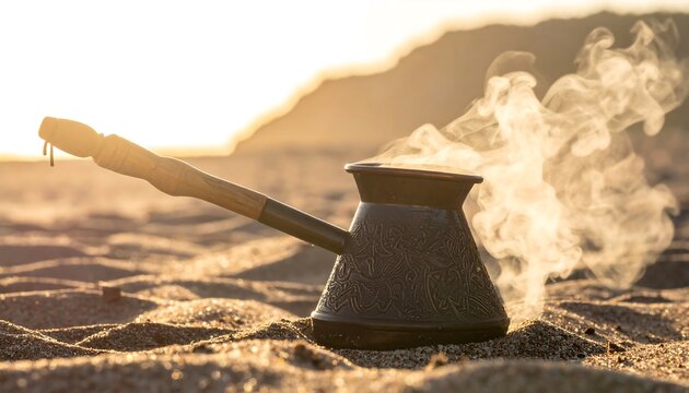 A close-up of a traditional metal coffee pot steaming on a sandy beach with a blurry backdrop of land under golden sunlight