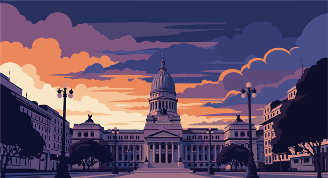 Pixelated capitol building at sunset with dramatic clouds and streetlights