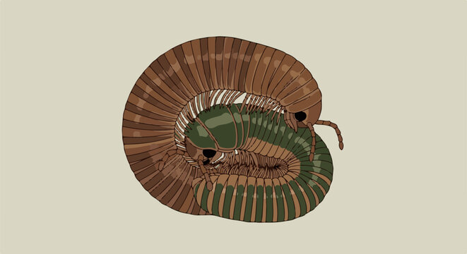 Brown and green segmented creature coiled in a spiral shape