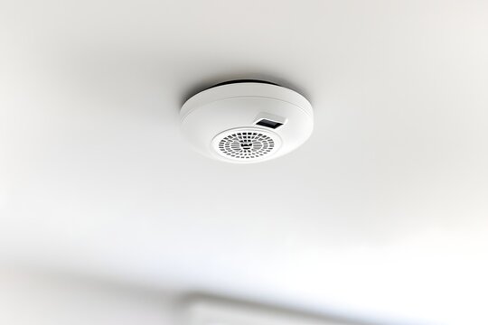 Rauchmelder an wei&szlig;er Decke minimalistisches Sicherheits und Brandschutzkonzept