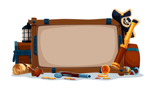 Pirate wooden signboard frame with corsair hat, weapon and other objects. Cartoon vector border with telescope near barrel and lantern. Treasure coin, hook, pipe and scroll around blank nautical board