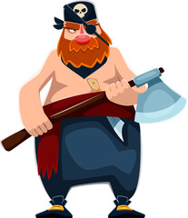 Obraz premium Cartoon brave pirate and corsair sailor character holding an axe, exuding sense of adventure and bravery. Isolated vector ship crew boatswain, rover or skipper captures spirit of adventurous tales