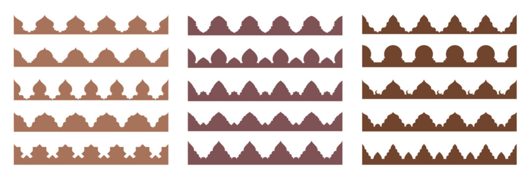 Arabian Saudi pattern decor, old Islamic border, morocco divider shapes. Vector set of ornamental architectural middle eastern crenellations or trims. Decorative silhouettes of palaces and mosques