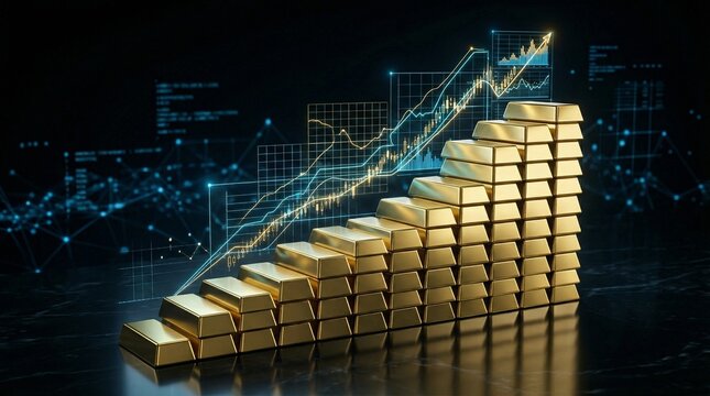 A rising gold bar graph illustrates business growth with increasing bars and a line chart on a dark background.