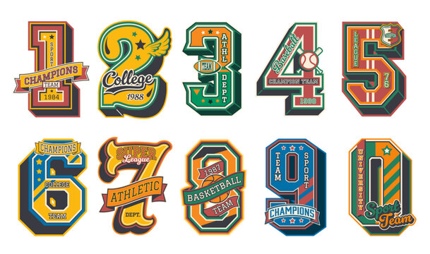 Varsity sport patch labels decorated with athletic champion, basketball, baseball, football and university sport, wings, stars, ribbons and team badges. Vector retro patch sign for school and college