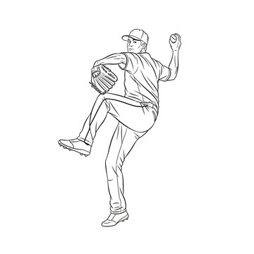 Baseball pitcher in action, throwing a pitch with focus and determination