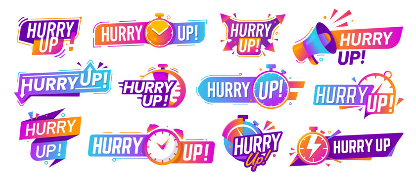 Hurry up icons with stopwatch clock and megaphone for sale or last minute deal offer, vector banners. Hurry up labels for promotion limited time timer badges for sale promo and special discount deal