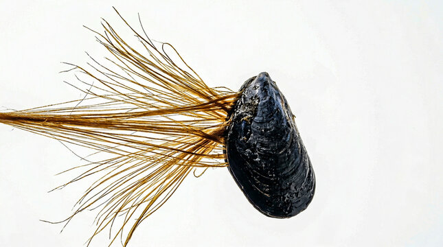 Fresh Mussel Byssus Beard Thread Macro Raking Light White Background Studio Halal Seafood Photography