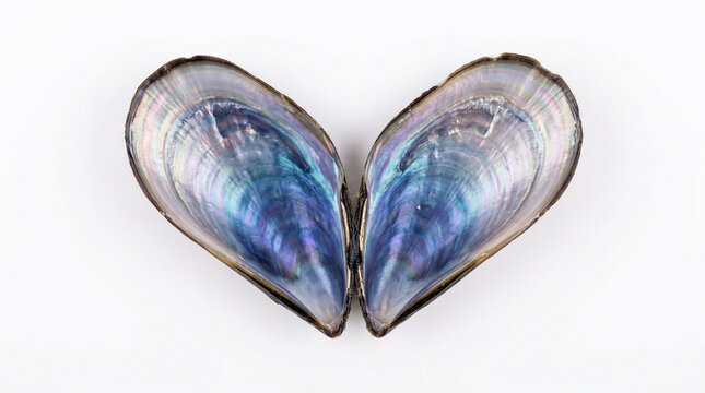 Fresh Mussel Shell Interior Blue Purple Iridescent Reveal Macro White Background Studio Halal Seafood Photography