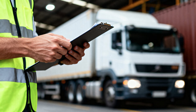 A logistics worker in a high-visibility vest holds a clipboard, checking paperwork near a large transport truck.