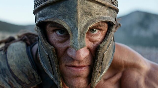 Close aggressive view of armored warrior charging forward with determined expression capturing raw intensity speed and immersive energy of ancient battlefield combat