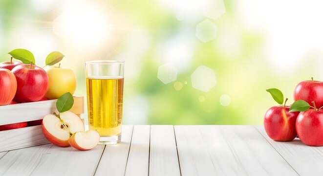 Jus apel murni dalam gelas dengan peti kayu berisi buah di bawah sinar matahari pagi