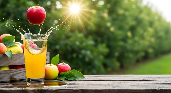 Buah apel merah jatuh ke dalam gelas menciptakan percikan jus di latar kebun alam