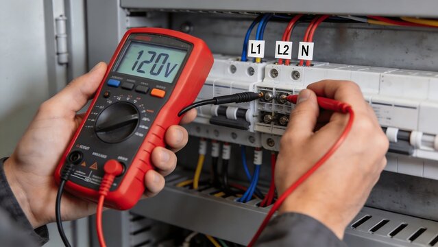 Electrician testing voltage on circuit breaker