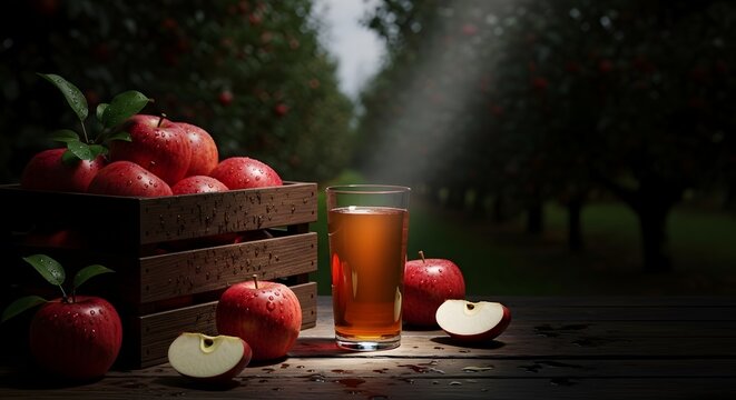 Jus apel segar di meja kayu dengan latar belakang kebun apel yang murung dan dramatis