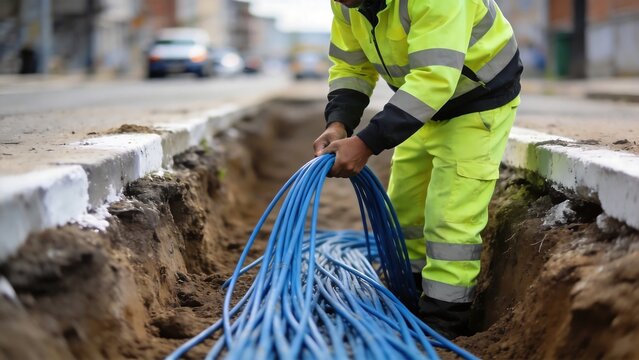 Worker installing blue cables in trench