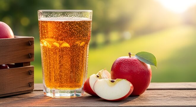 Jus apel bersoda yang menyegarkan penuh embun dingin di latar alam kebun cerah