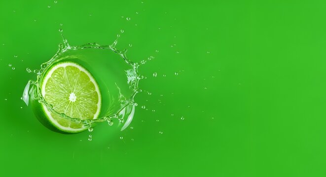 Percikan air menyegarkan dari potongan jeruk nipis di latar belakang hijau cerah