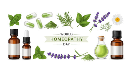 Overhead shot for World Homeopathy Day featuring a variety of natural remedies like herbs and homeopathic treatments, arranged with essential oil bottles and capsules against a light © Mukhamad